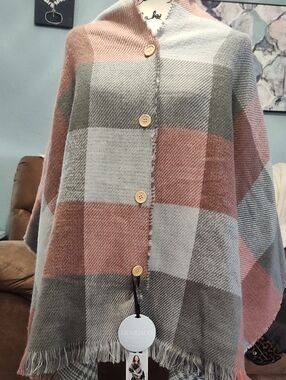 Demdaco Plaid Button-Front Ponchos l  in Rose, Gray & Cream
